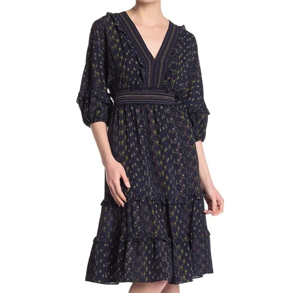 Max Studio Womens V-Neck Empire Waist Dress Small Navy Floral